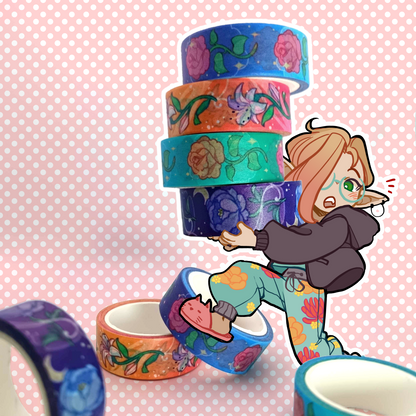 Nade stumbling around while holding several rolls of Washi Tape.