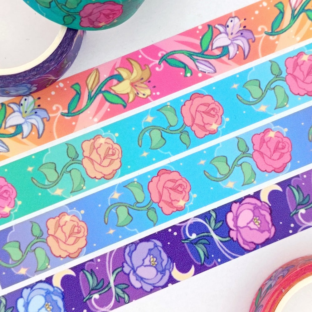 4 different designs of washi tape.  Lily, Rose (Day), Rose(Night), and Peony.