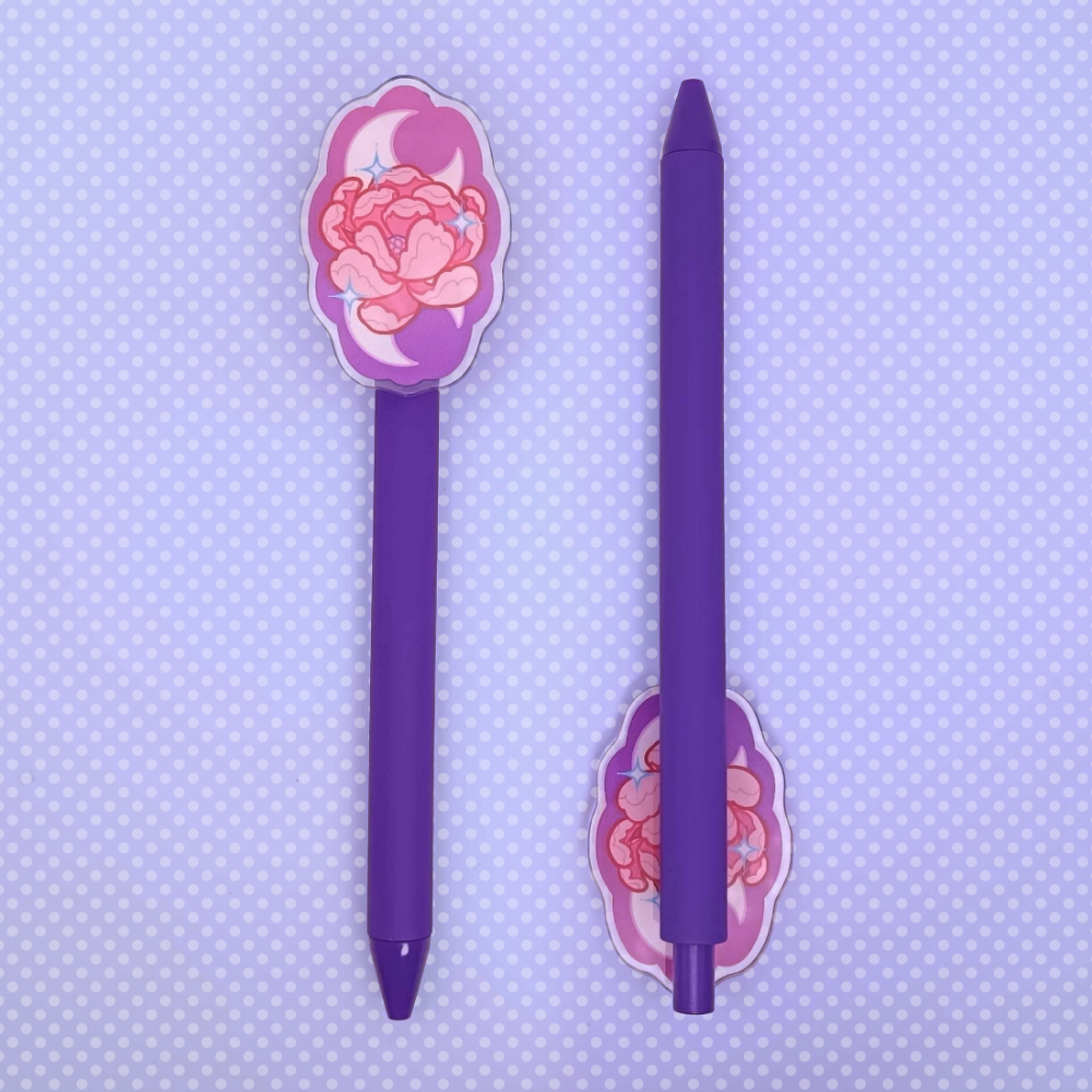 Front and back view of a gel pen with peony design.