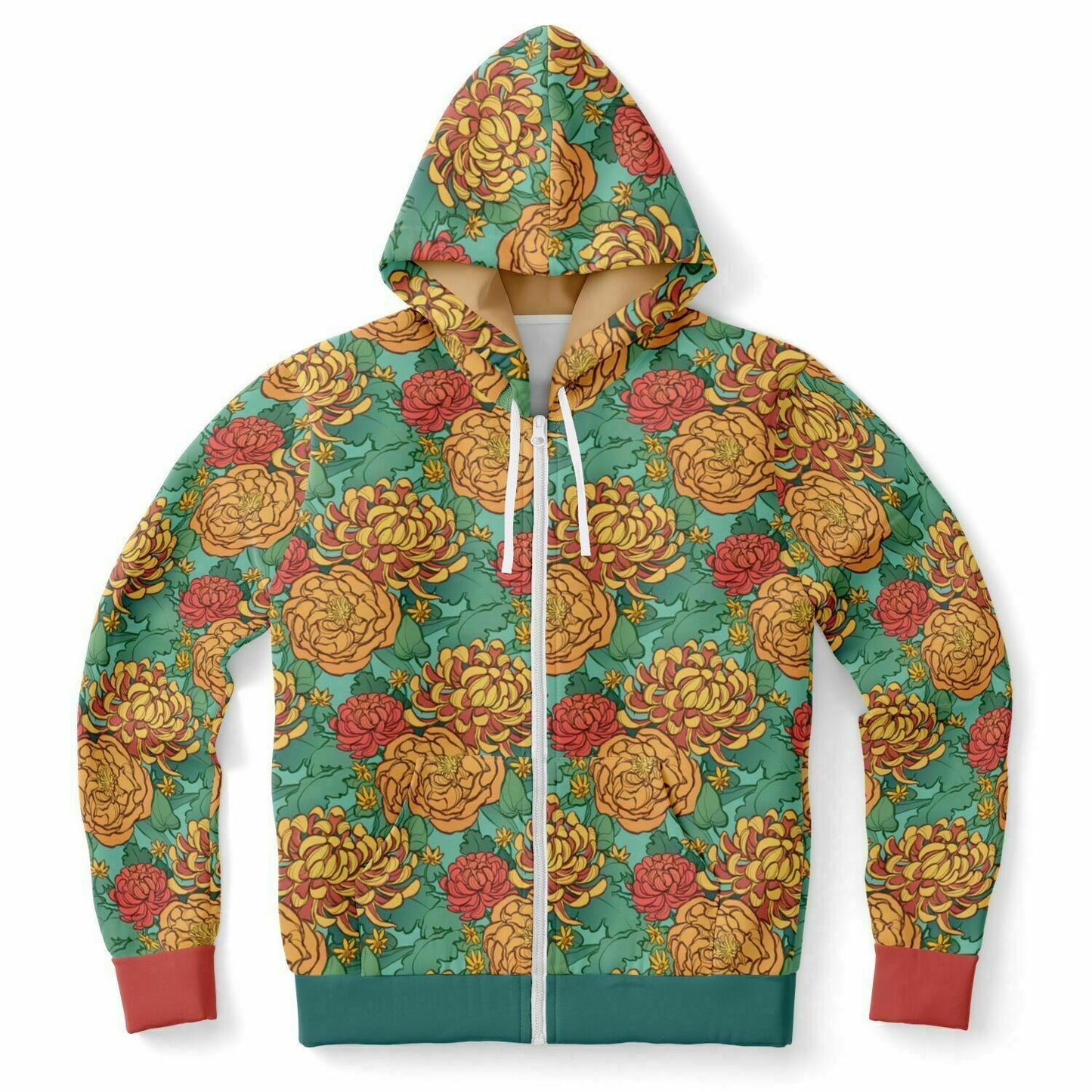 The front of a hoodie lying flat. The hoodie's pattern features yellow and red chrysanthemums, and orange peonies on a green background.