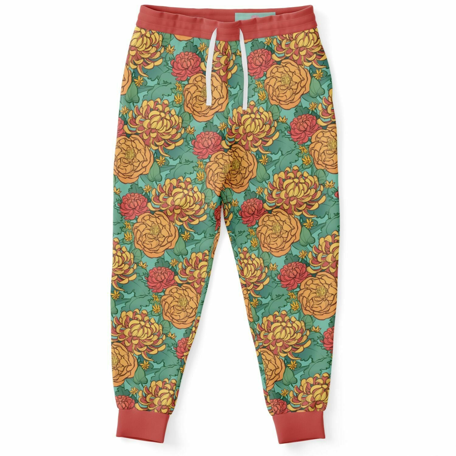 The front of a pair of joggers lying flat. The joggers' pattern features yellow and red chrysanthemums, and orange peonies on a green background. It has red cuffs.