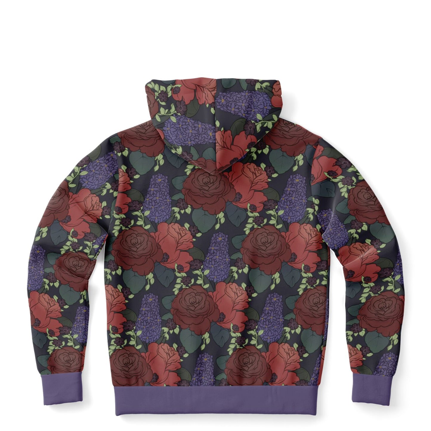 A flat lying hoodie. The hoodie's pattern features red roses, purple hyacinths, and small black flowers on a dark grey background. It has a purple hem and cuffs