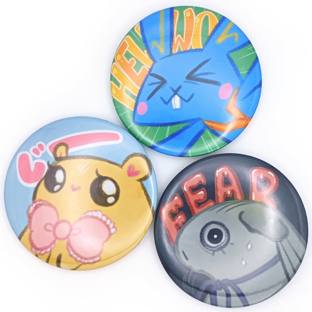 3 large buttons.  Top is of a blue bunny with an excited expression.  Left is a yellow hamster with a pink ribbon, and big sparkly eyes.  Right is a grey guinea pig looking scared.