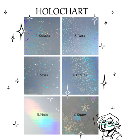 HOLOCHART. Shows 6 different holo patterns to choose from:  1. Shards 2. Dots 3. Stars 4. Circles 5. Holo 6. Snow  Nade is in the corner, looking at the chart with starry eyes.