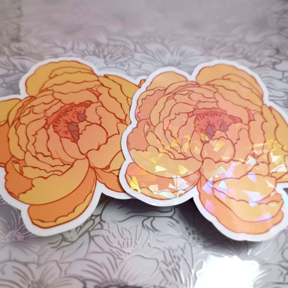 two peony stickers, one matte, one with holo shards.