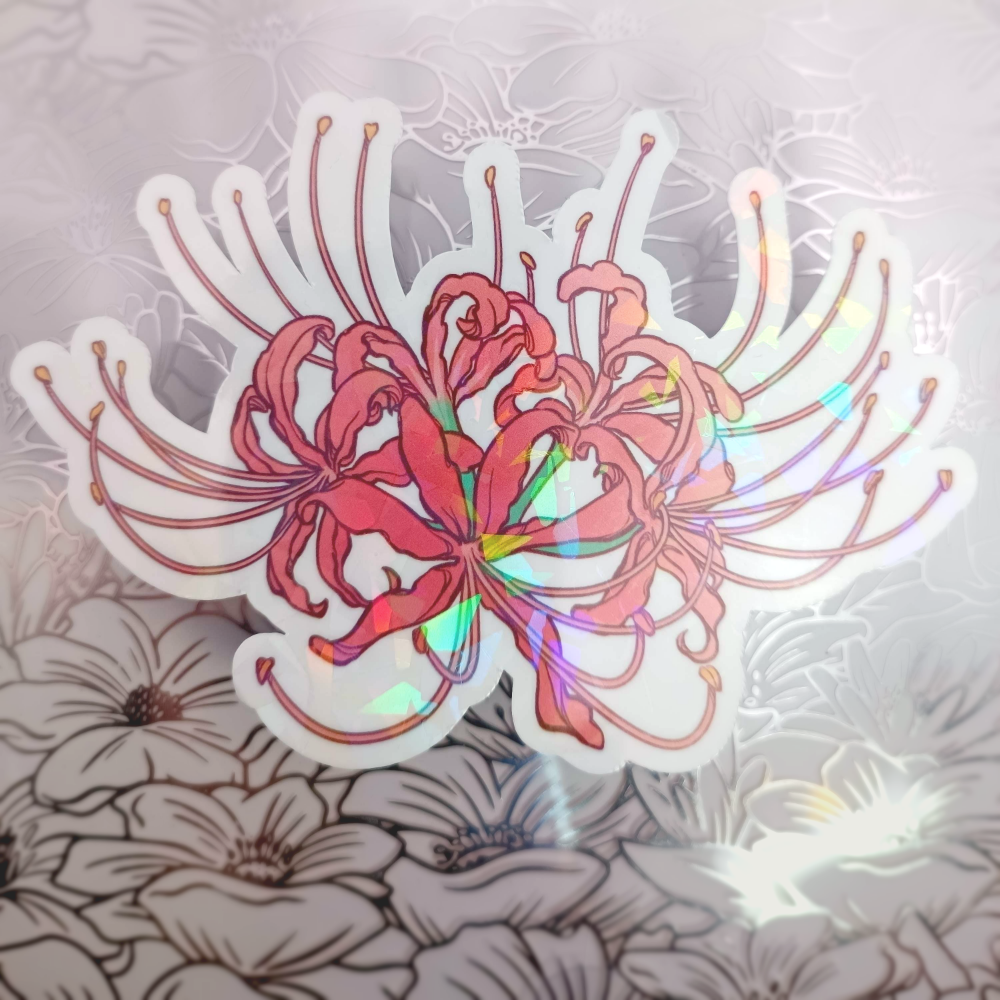 A sticker of a Red Spider Lily with holo shards.