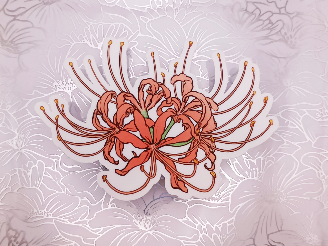 A matte vinyl sticker of a Red Spider Lily.