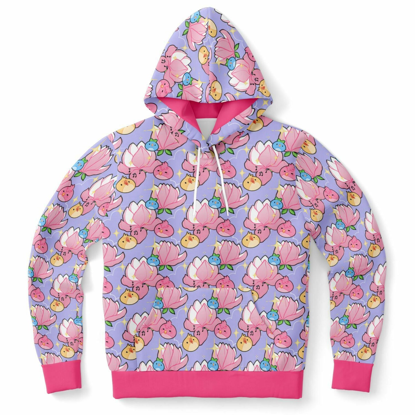 A flat lying hoodie. The hoodie's pattern features cute round birds and magnolia on a purple background. The trims are pink. 