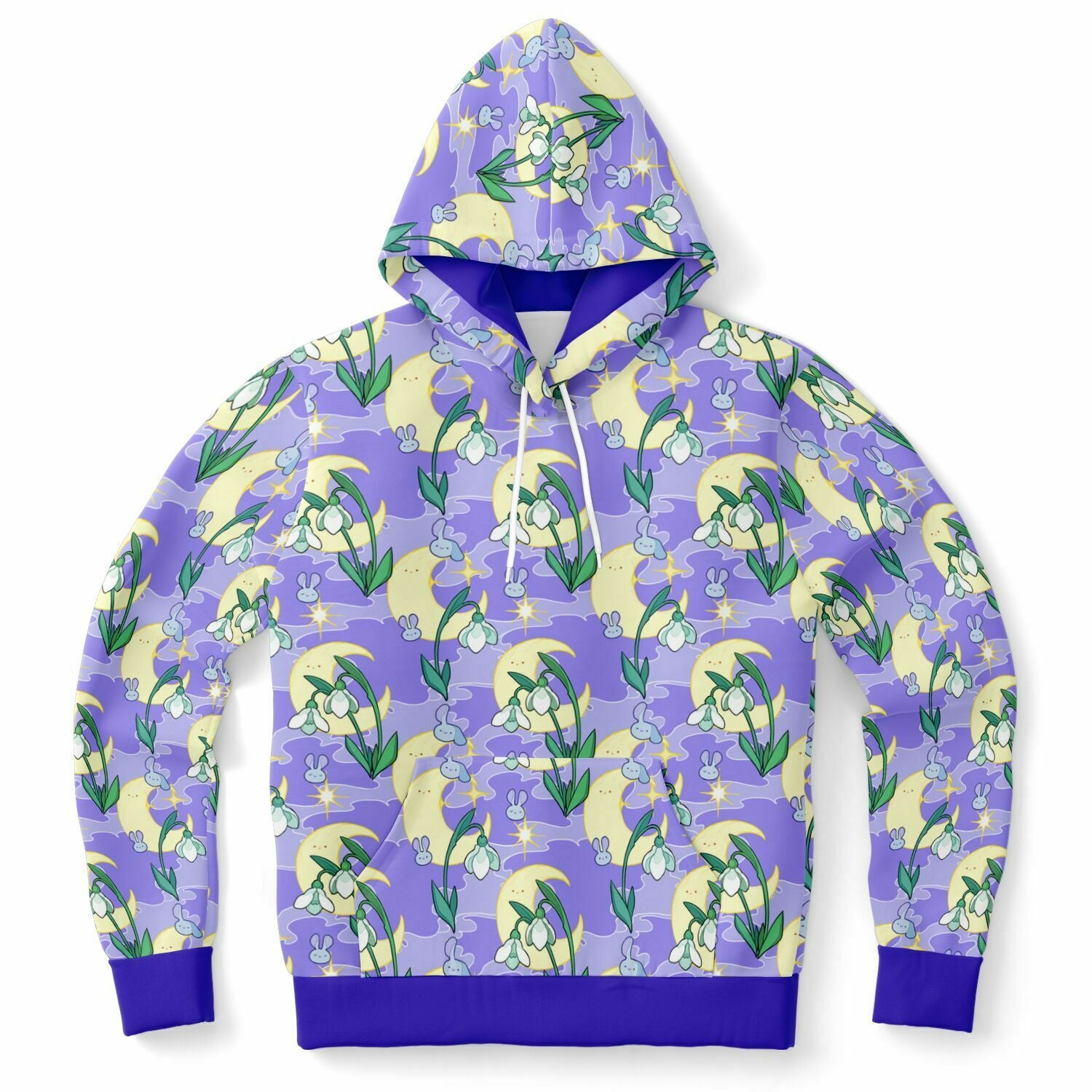 A flat lying hoodie. The hoodie's pattern features bunnies, snowbells, and the moon. It has a purple smokey background.