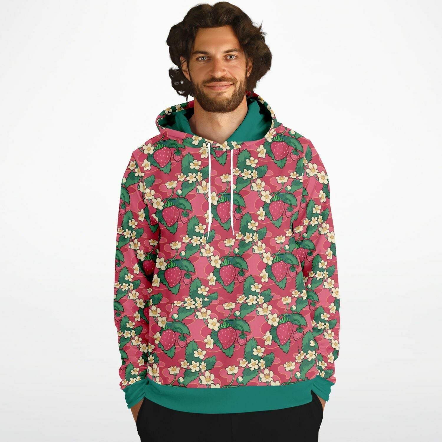 A model wearing a hoodie. The hoodie's pattern features strawberries and strawberry blossoms. The trims and lining of the hoodie are green. 