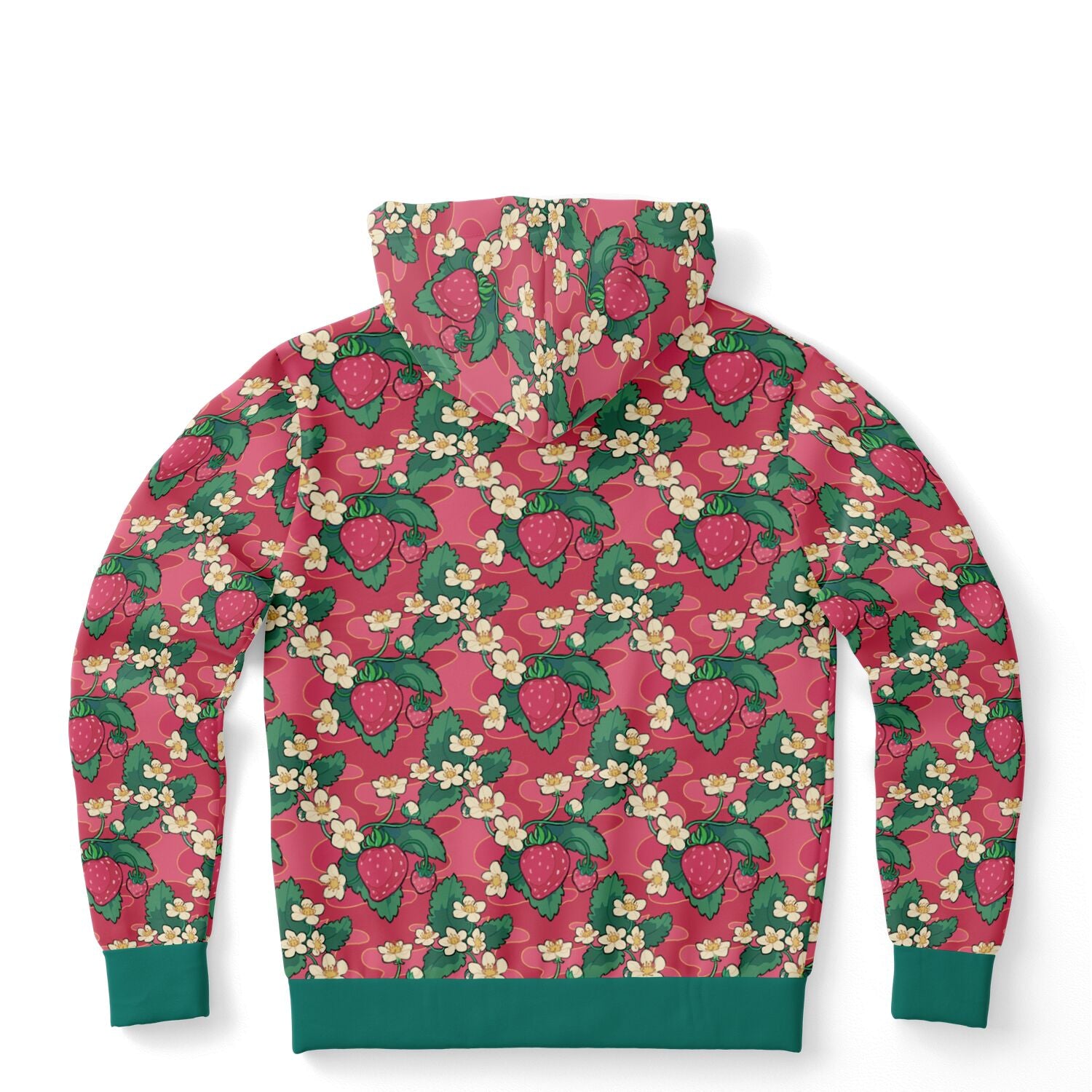 A flat lying hoodie. The hoodie's pattern features strawberries and strawberry blossoms. The trims and lining of the hoodie are green. 