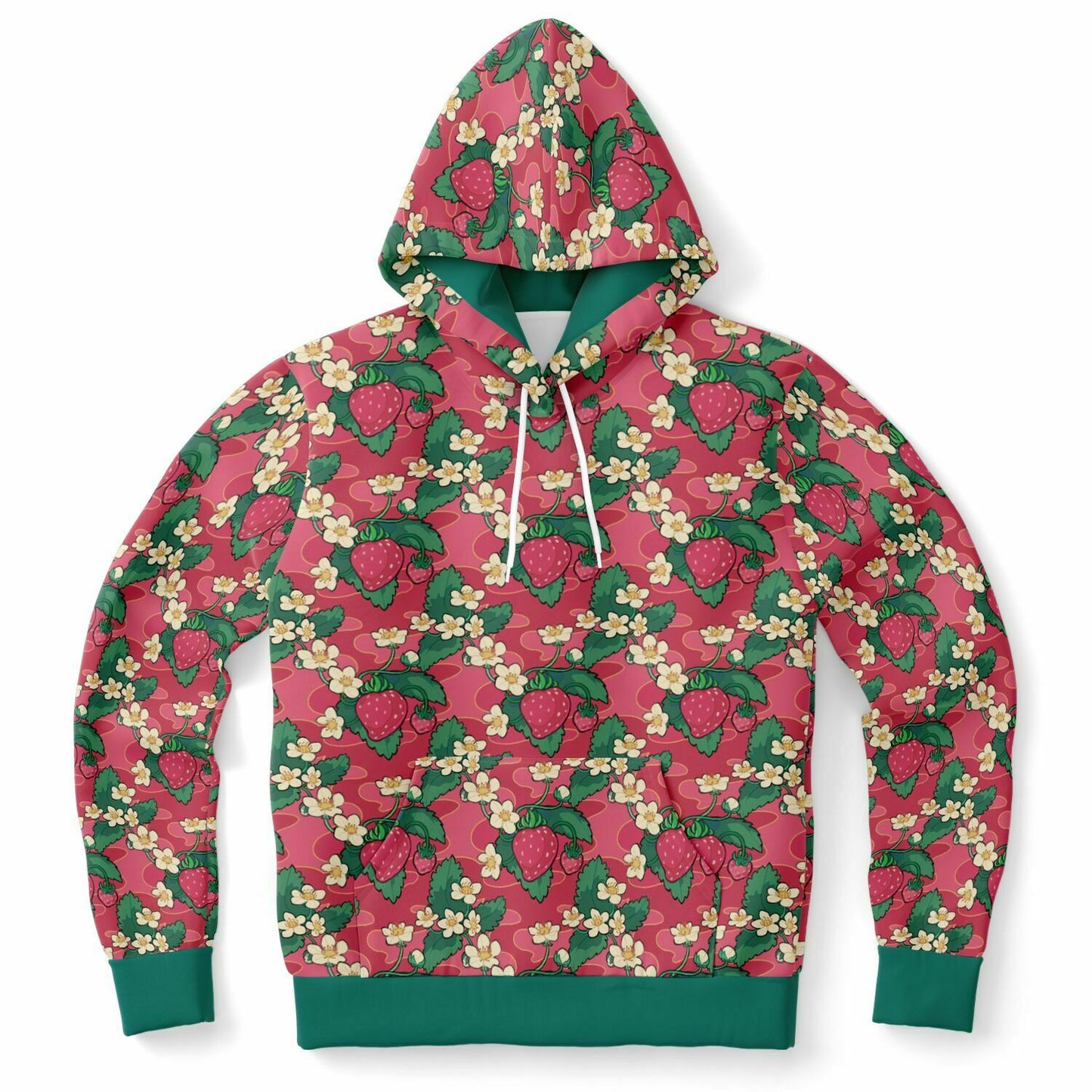 A flat lying hoodie. The hoodie's pattern features strawberries and strawberry blossoms. The trims and lining of the hoodie are green. 