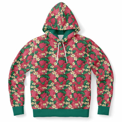 A flat lying hoodie. The hoodie's pattern features strawberries and strawberry blossoms. The trims and lining of the hoodie are green. 