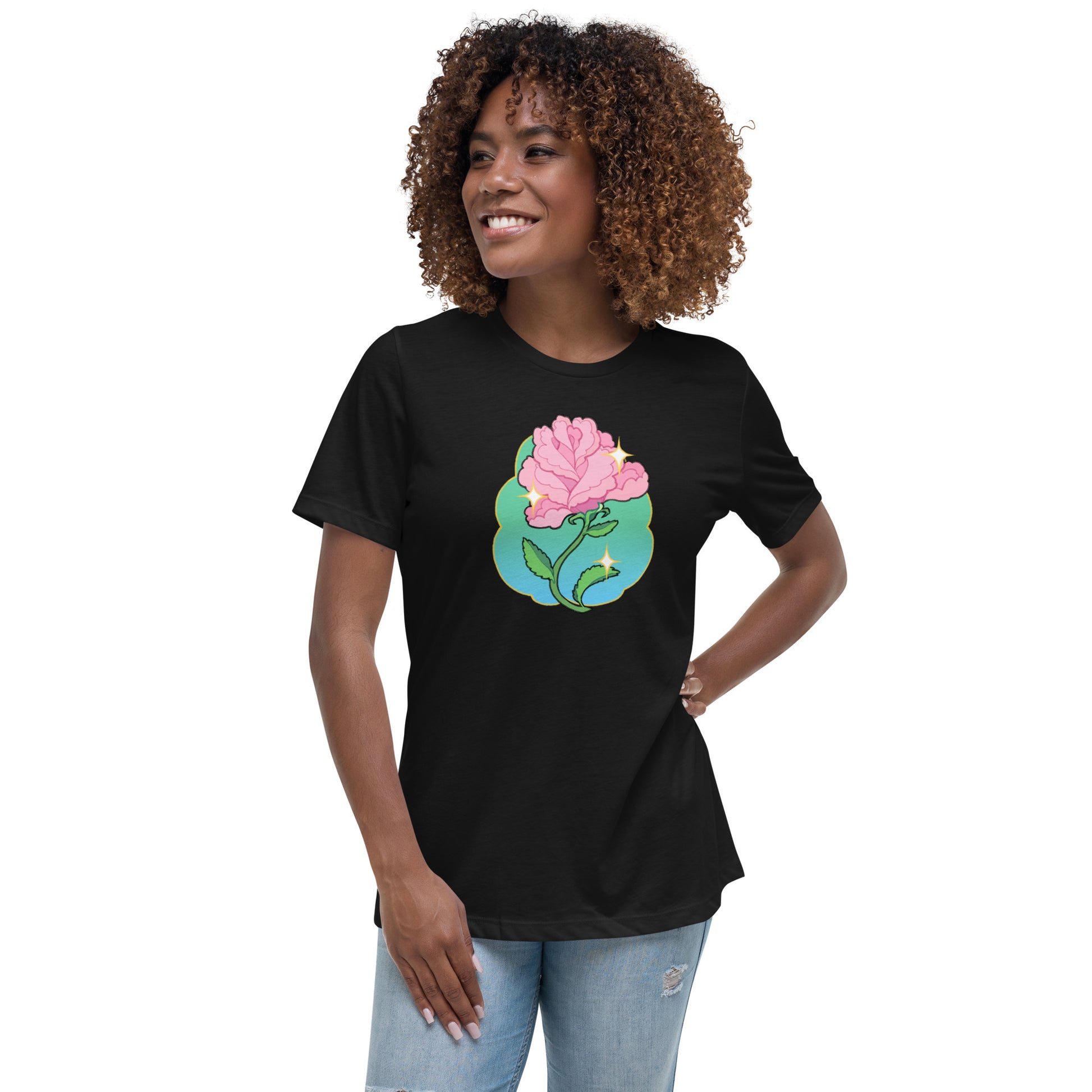 A model wearing a black tshirt. It has a print of a pink rose flower on the front.