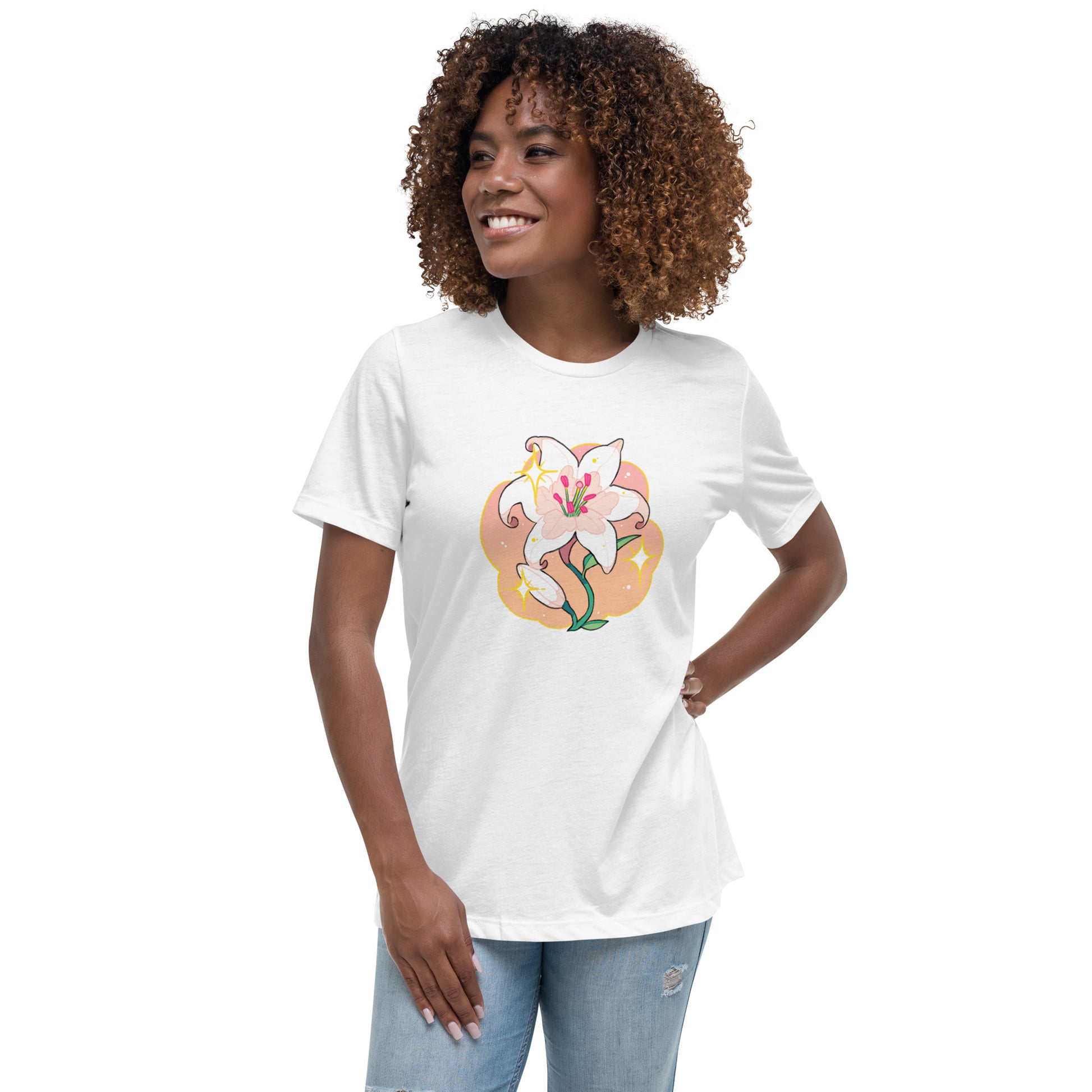 A model wearing a white tshirt. It has a print of a white lily flower on the front.