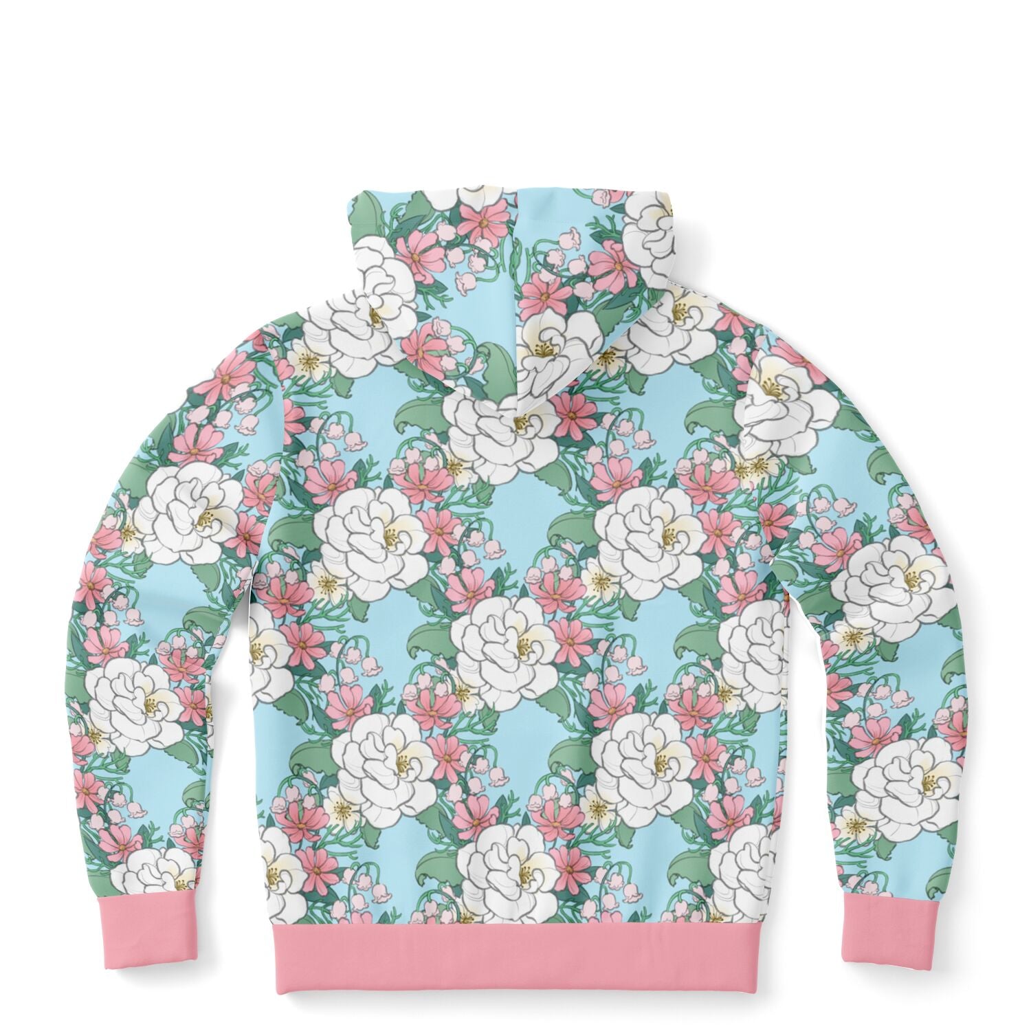 The back of a hoodie lying flat. The hoodie's pattern features white wild roses, pink cosmos, and lillies of the valley on a light blue background. it has a pink hem and cuffs.