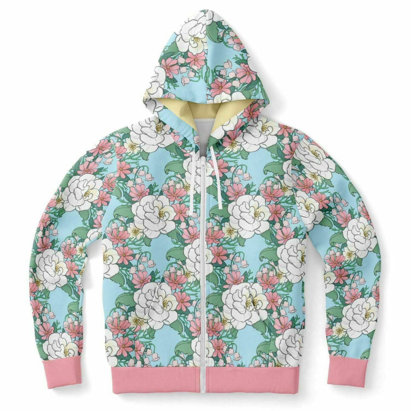 The front of a hoodie lying flat. The hoodie's pattern features white wild roses, pink cosmos, and lillies of the valley on a light blue background. it has a pink hem and cuffs.