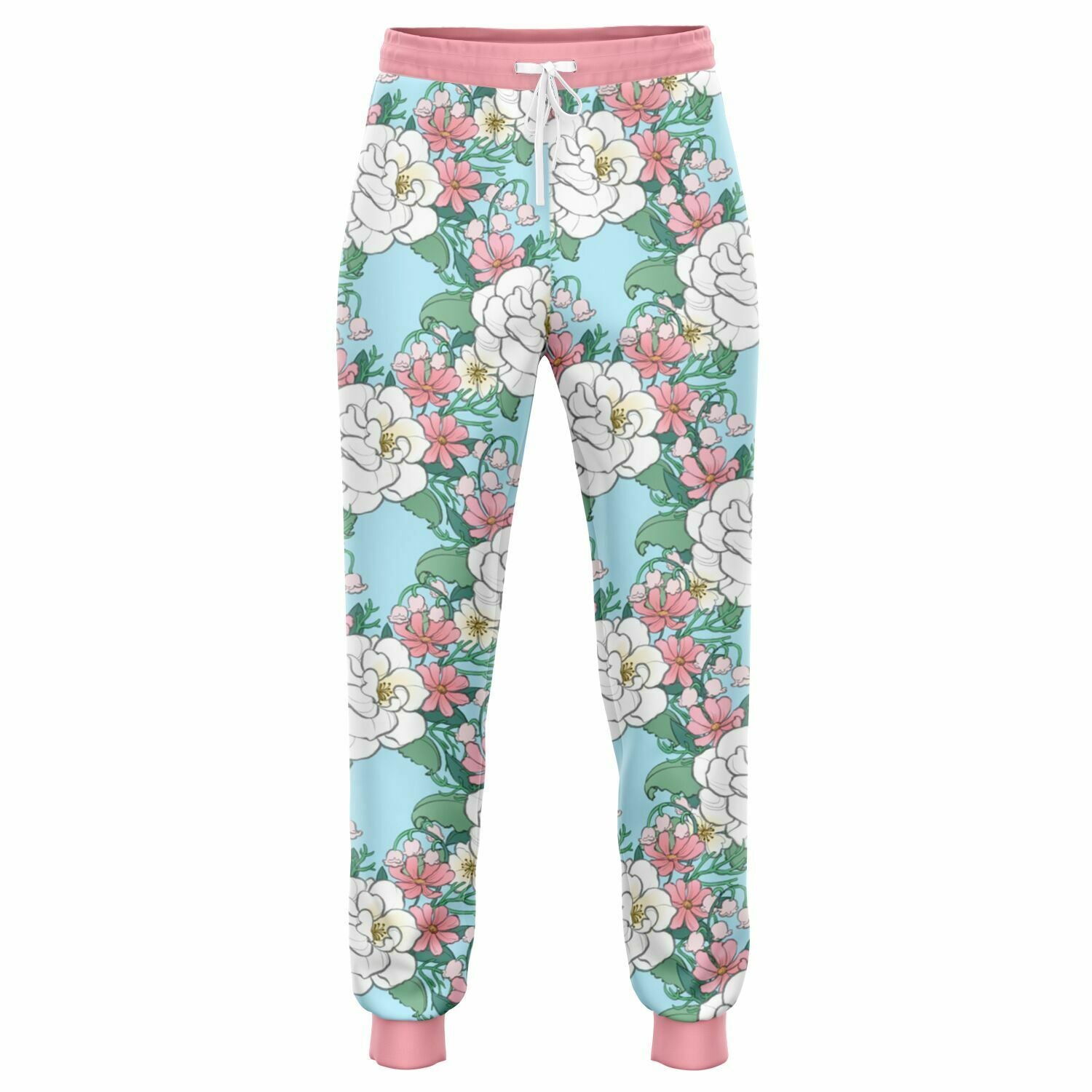 A ghost image of Joggers. The jogger's pattern features white wild roses, pink cosmos, and lillies of the valley on a light blue background. it has a pink hem and cuffs.