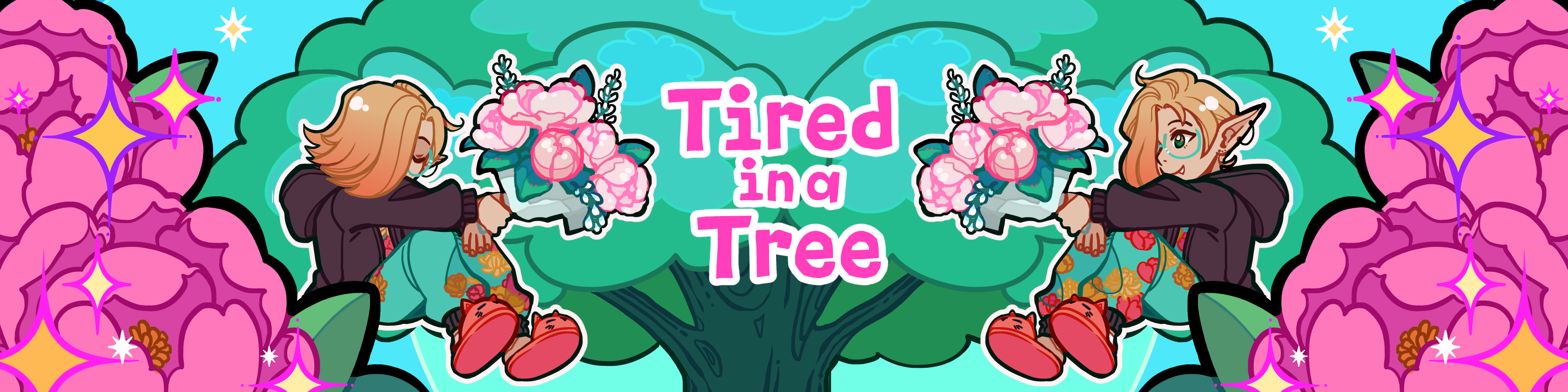 A banner featuring a large Tree in the center. The text reads Tired in a tree. From the middle there are two Nade's holding bouquets of peonies. The left one is asleep, the right one is smiling. On both sides there is a border of bright pink sparkly peonies.