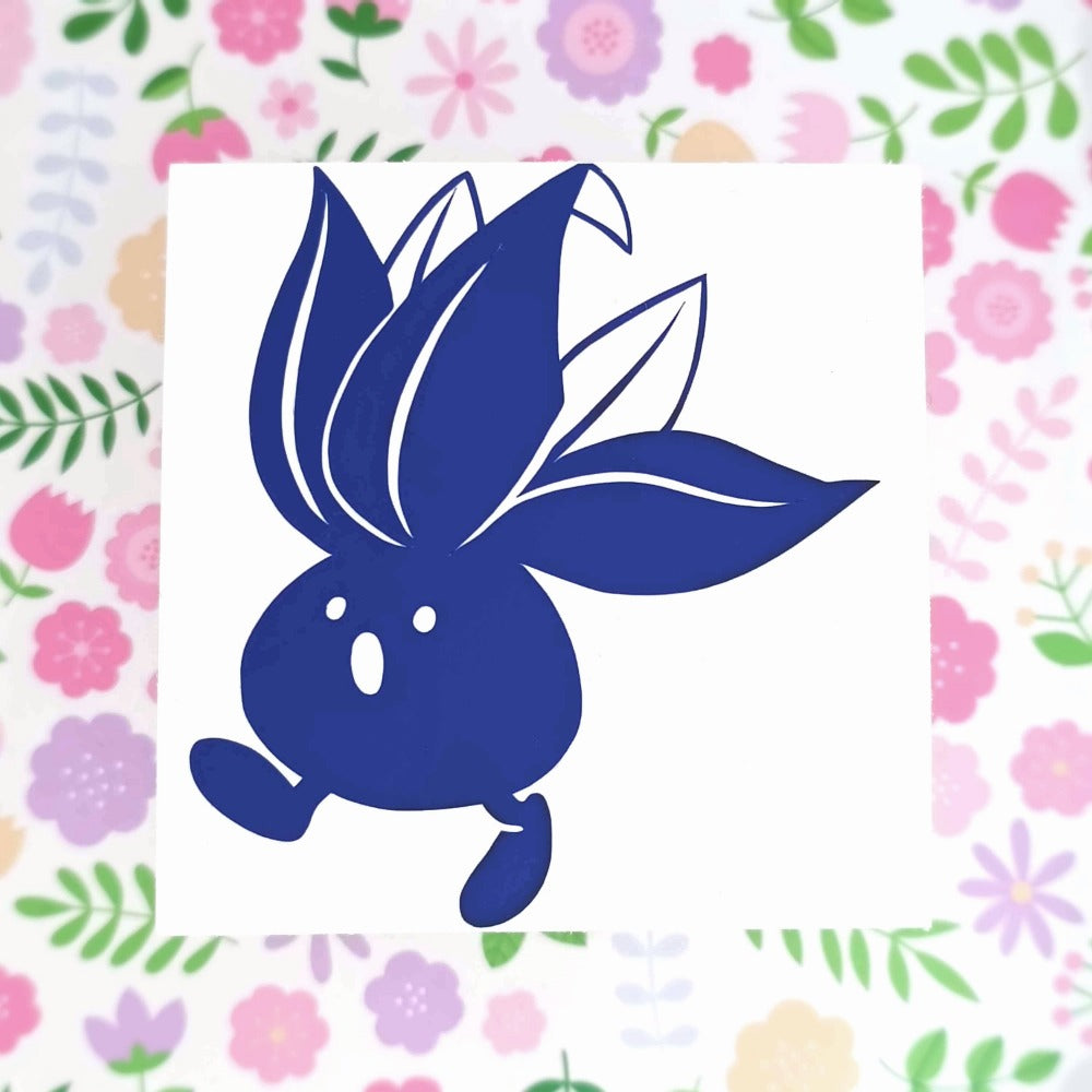 A blue vinyl sticker of an oddish. It's walking, and has a surprised expression.