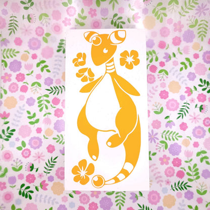 Yellow vinyl sticker of Ampharos. It's floating and surrounded by stylized hibiscus flowers.