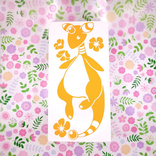 Yellow vinyl sticker of Ampharos. It's floating and surrounded by stylized hibiscus flowers.